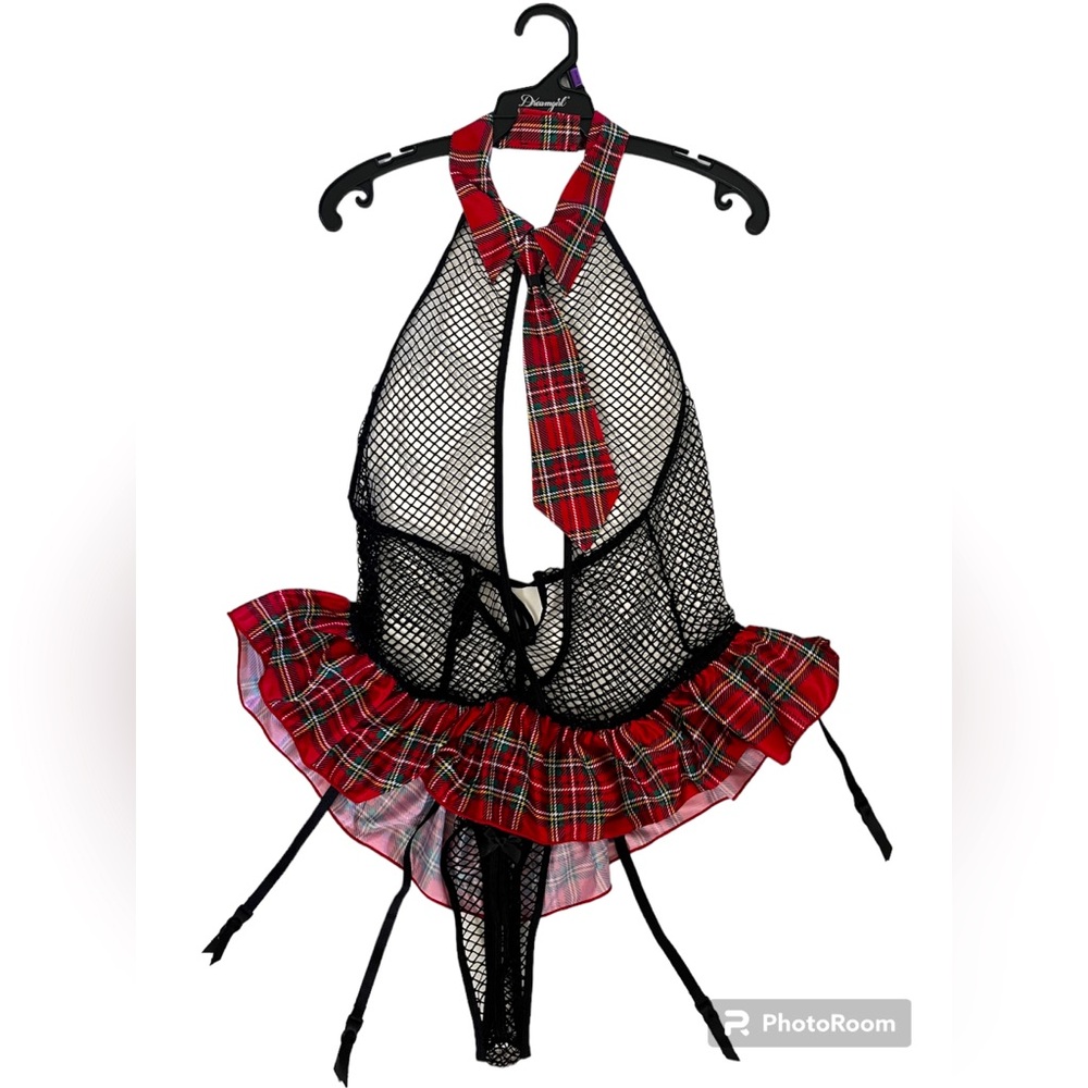 NWOT Sexy Fishnet Plaid Schoolgirl Lingerie Outfit with Garters, size Medium